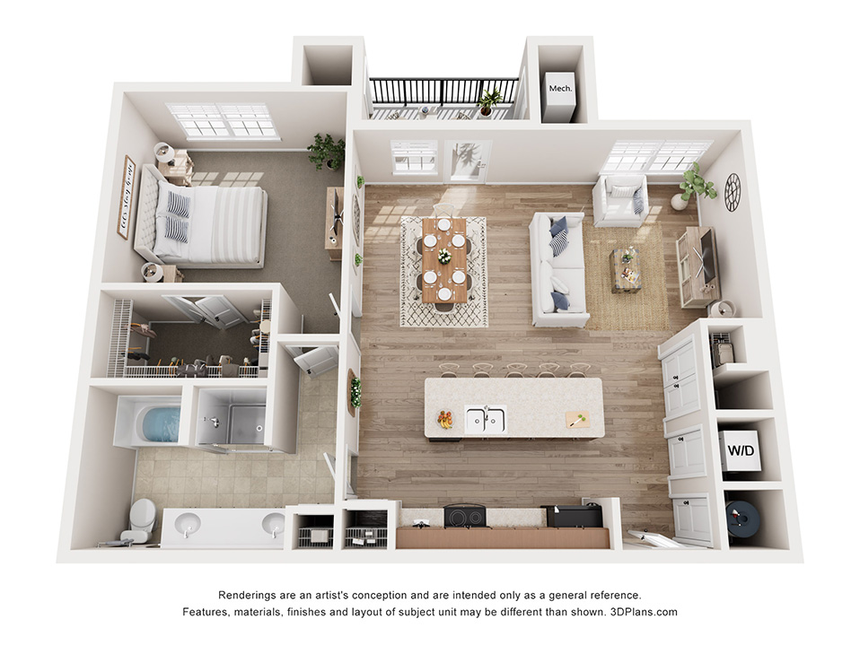 Floor plan for 1 bed, 1 bath, 940 sqft